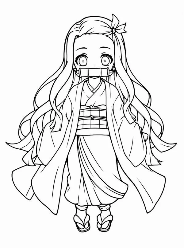 Nezuko dạng quỷ nghiến nhẹ ống tre, tóc dài xoã, haori đen tối, dáng đứng như sẵn sàng chiến đấu