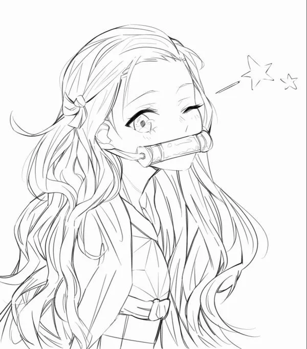 Nezuko nhìn thẳng, mắt đỏ hồng tròn, tóc đen nâu mượt, dây buộc ống tre nâu nhạt tự nhiên